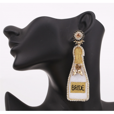 Bride Earrings - White Champagne Glass with Black and Gold Accents